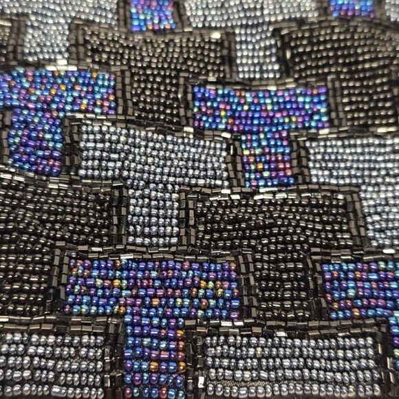 Vintage Hand beaded Monogram T Evening Purse Boho Crossbody Black Gray Purple - Picture 2 of 8